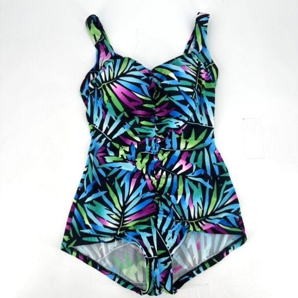 Maxine of Hollywood Tropical Swimsuit one piece size 16 XL Ruched Black Blue - Picture 1 of 7